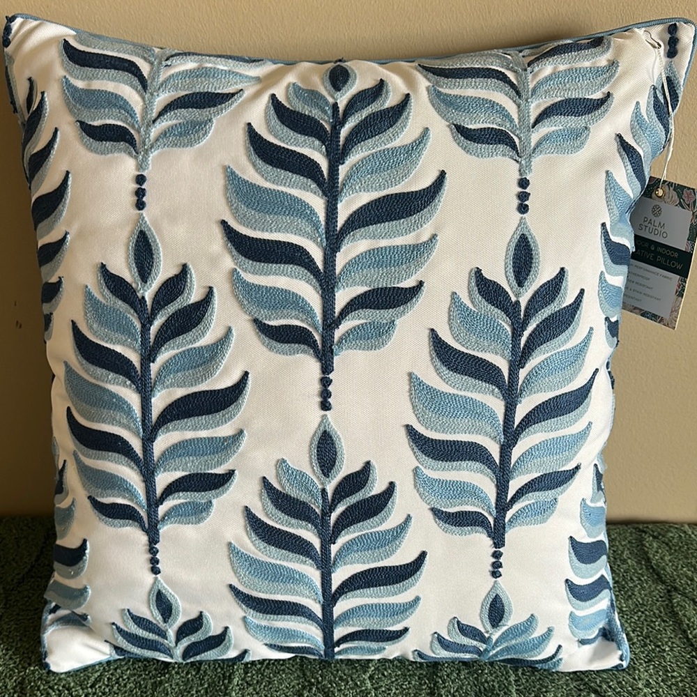 COPY - Palm Studio Blue & White Leaf Embroidered Pillow Beautiful! NEW